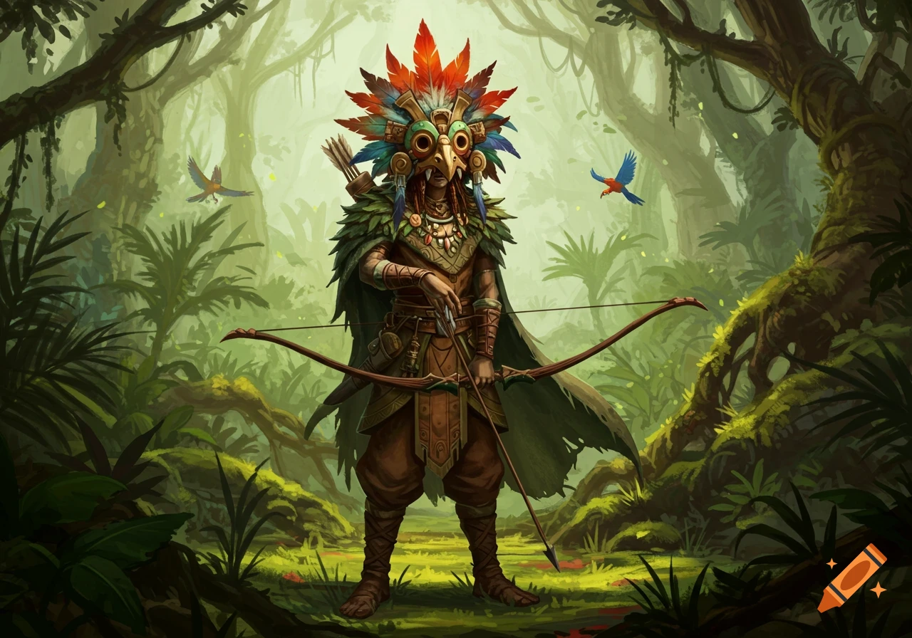 A fantasy druid in a feathered mask holding a longbow stands in a lush jungle with birds flying.