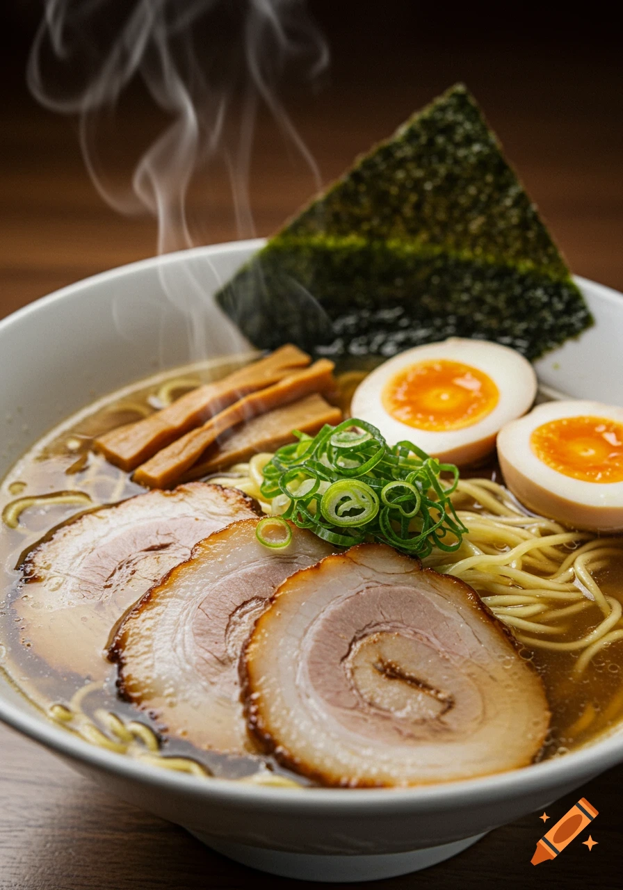 A steaming bowl of ramen with pork slices, eggs, bamboo shoots, and green onions.