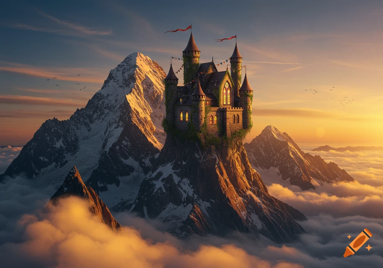 A majestic fantasy castle perched on a towering, snow-capped mountain peak amidst golden clouds at sunrise.