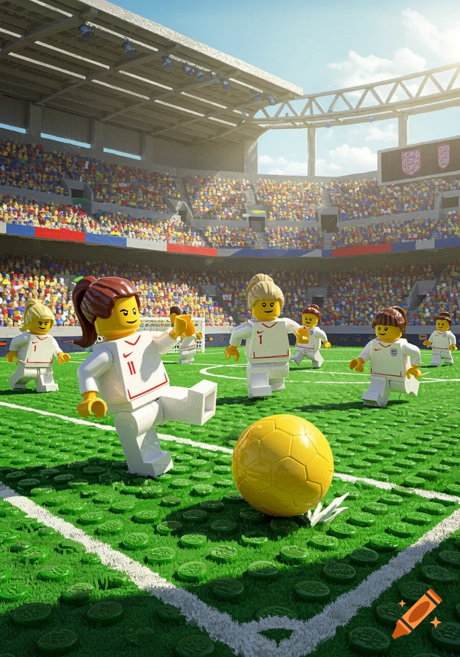 Lego figures of the England women's football team play soccer in a stadium filled with tiny spectators.