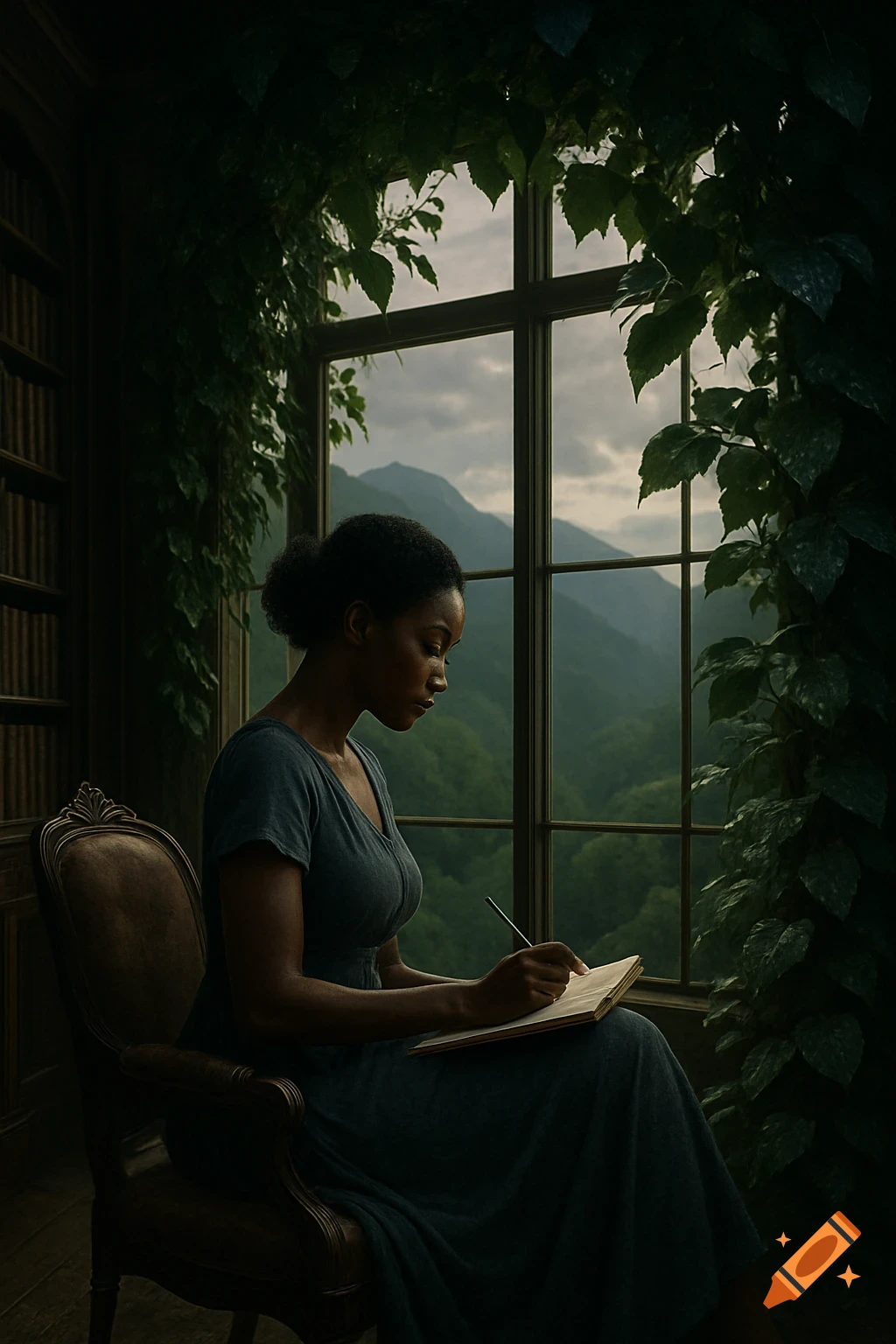 Photorealistic portrait of an African American woman writing in a book by a large window overlooking a forest and mountains, with vines.