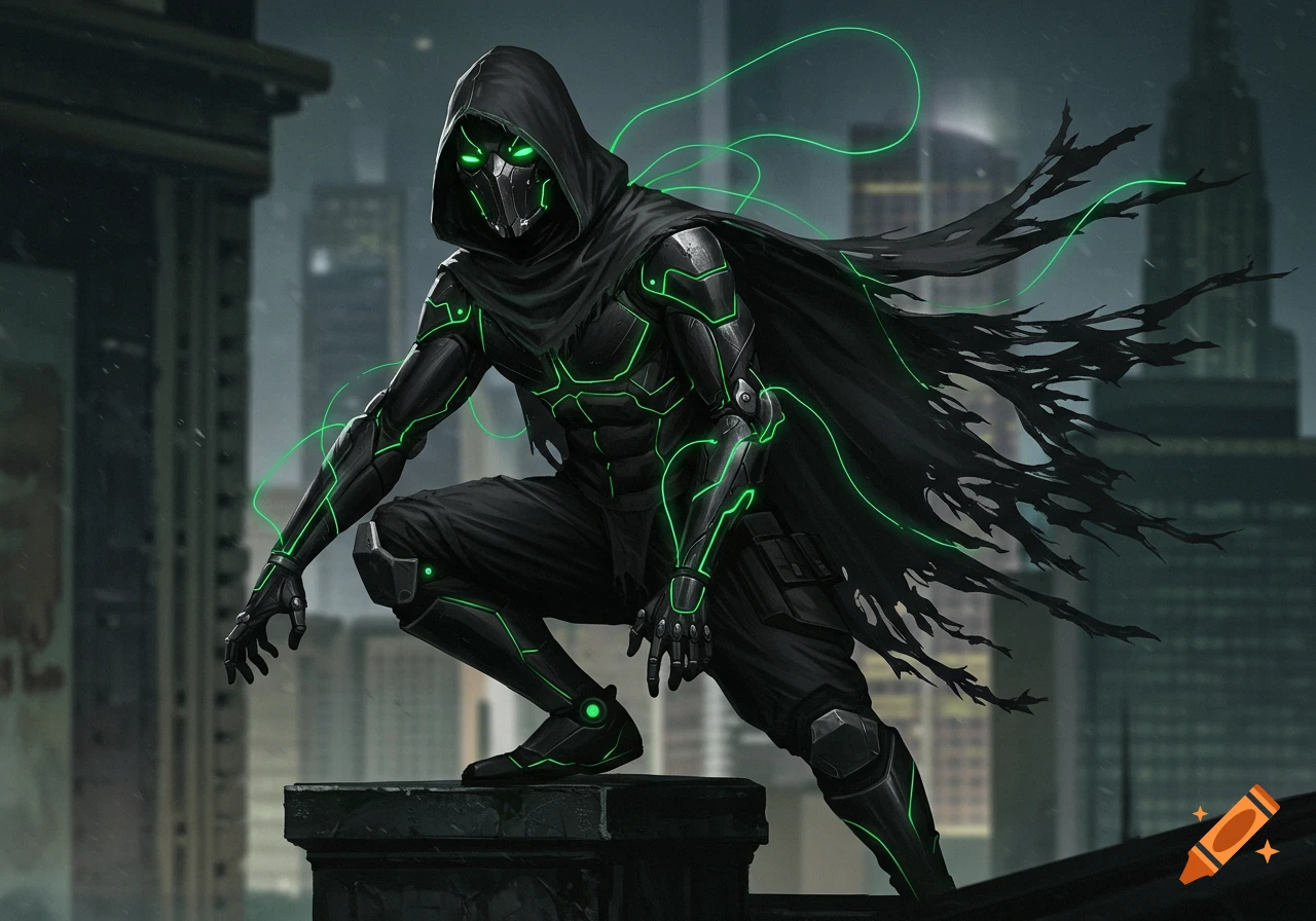 A mysterious dark hero in a black hooded suit with glowing green lines, a metal mask, and a tattered cape, crouching on a rooftop in a city.