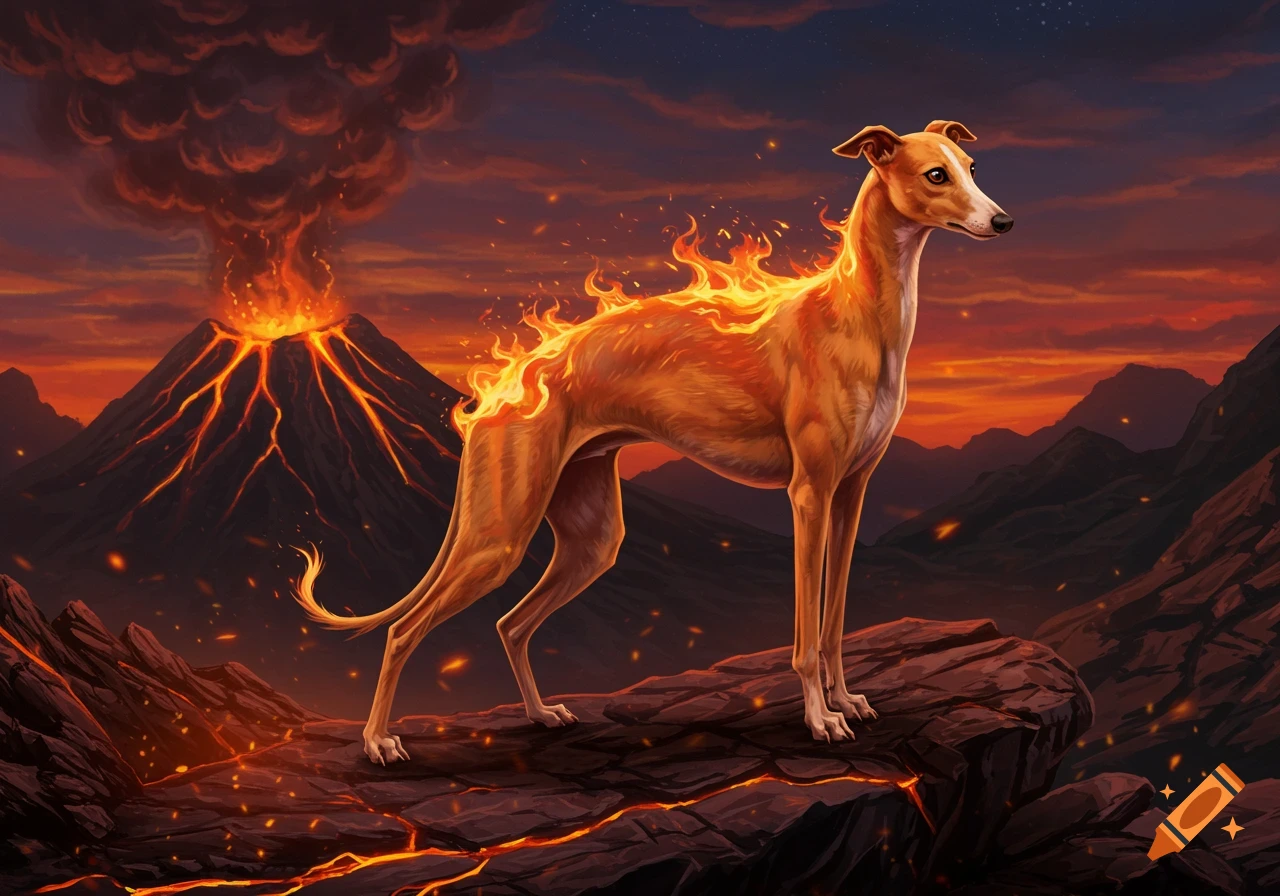 A fiery whippet stands on a rocky outcrop with an erupting volcano and lava flows under a vibrant, orange-red sky.