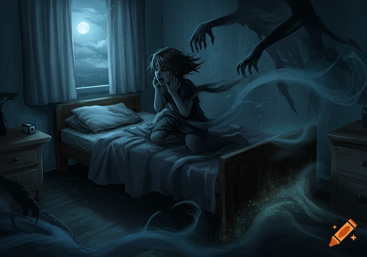 Terrified child screaming in bed at night, surrounded by ghostly figures and shadows in a dark bedroom, lit by moonlight.