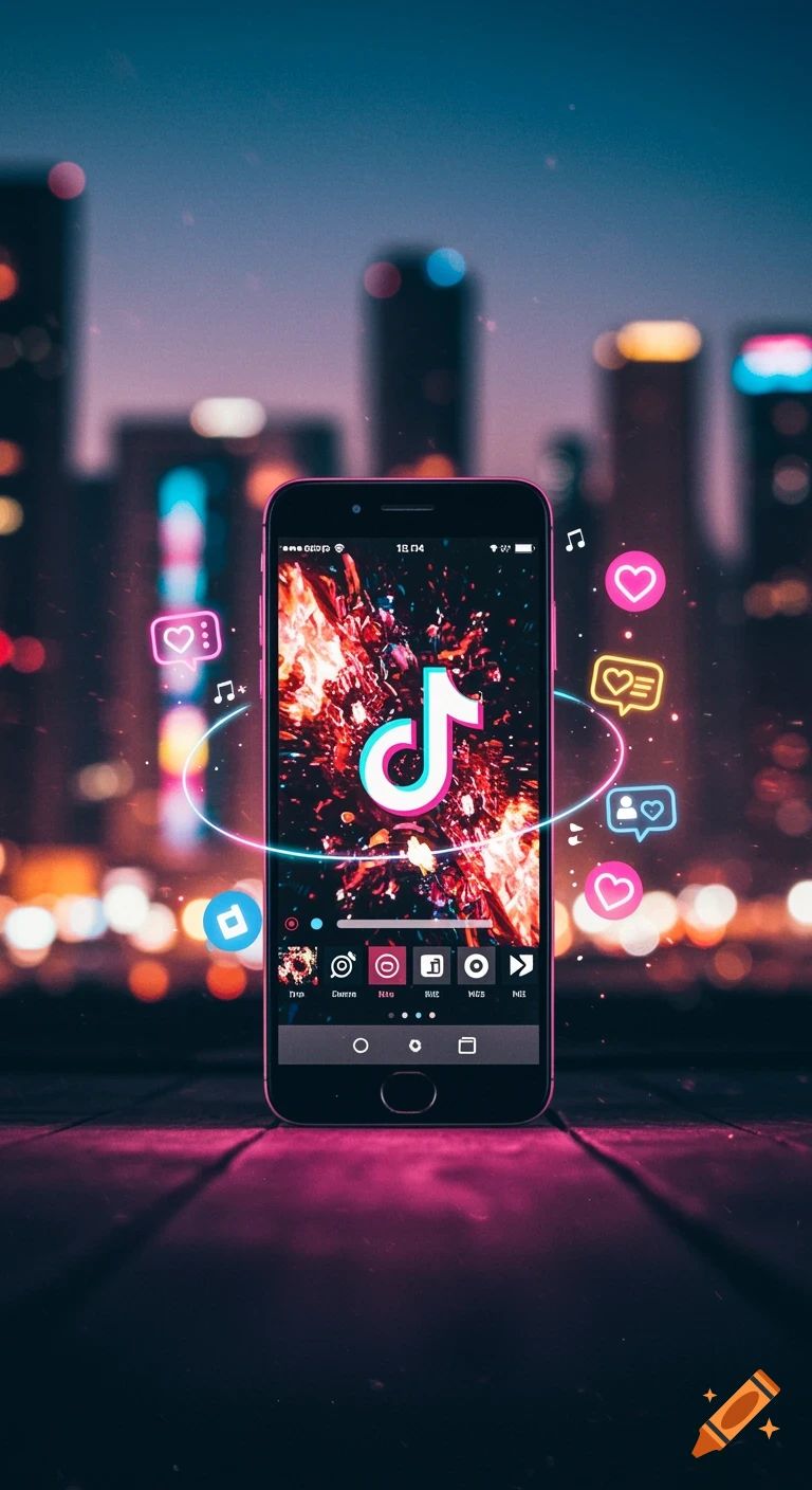 A smartphone displaying the TikTok logo with vibrant abstract content, surrounded by social media icons and musical notes, against a blurry night cityscape.