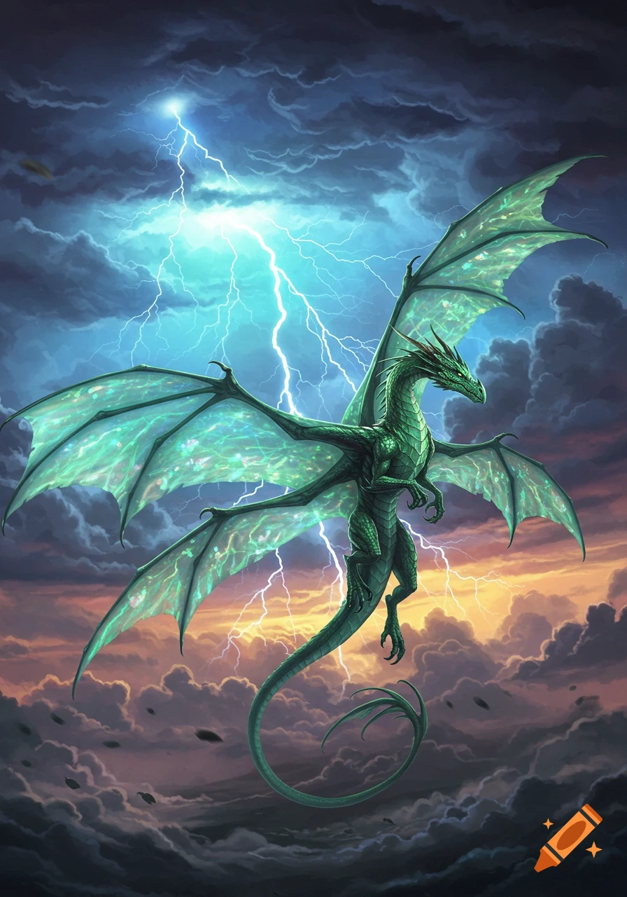 A majestic green dragon with large, translucent wings soars through a dark, stormy sky illuminated by brilliant blue lightning.