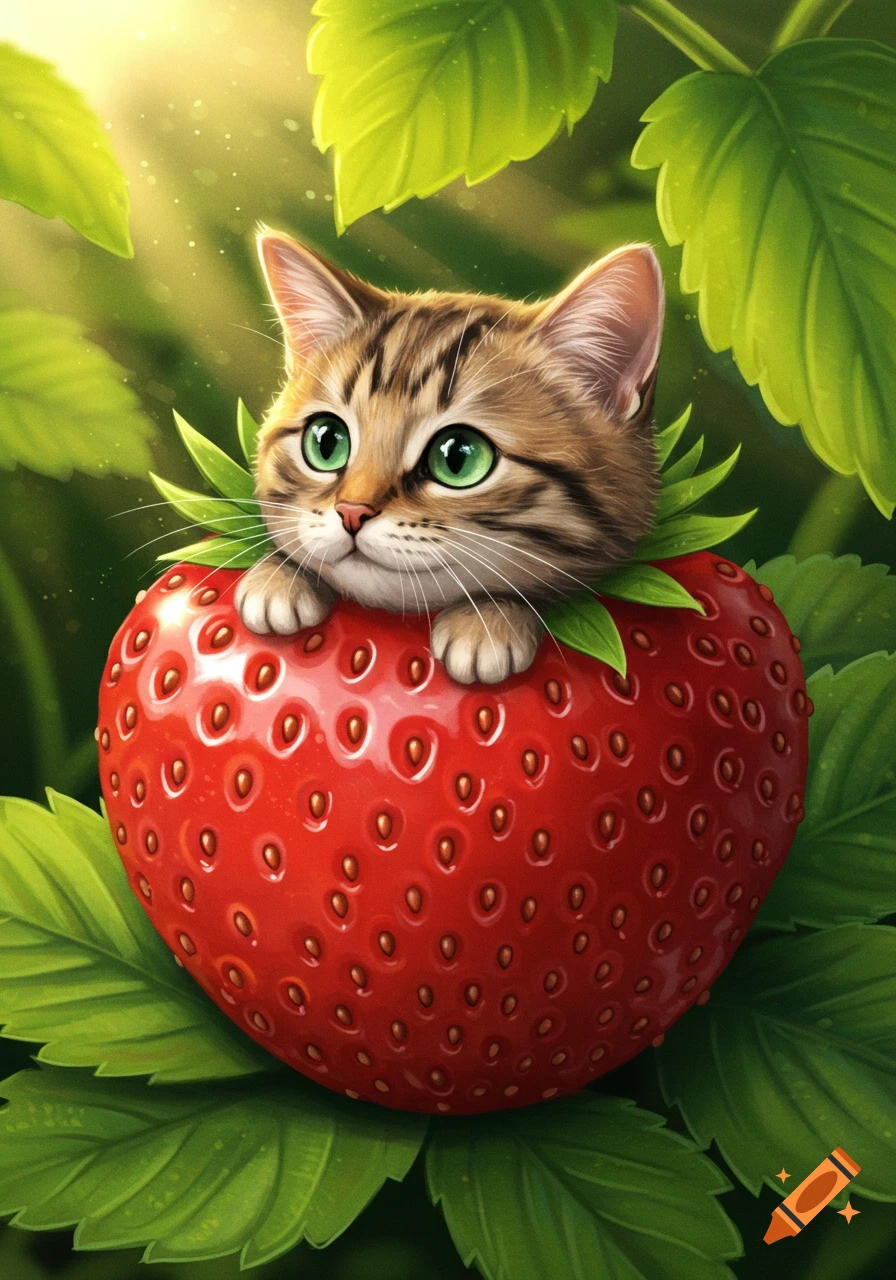 A cute cartoon kitten with green eyes peeking out of a large red strawberry surrounded by green leaves.