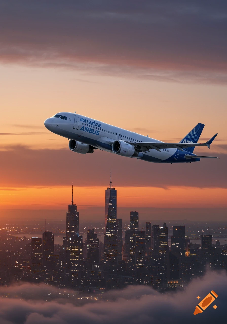 A white passenger airplane with blue livery flies over a city skyline at sunset, with clouds below.