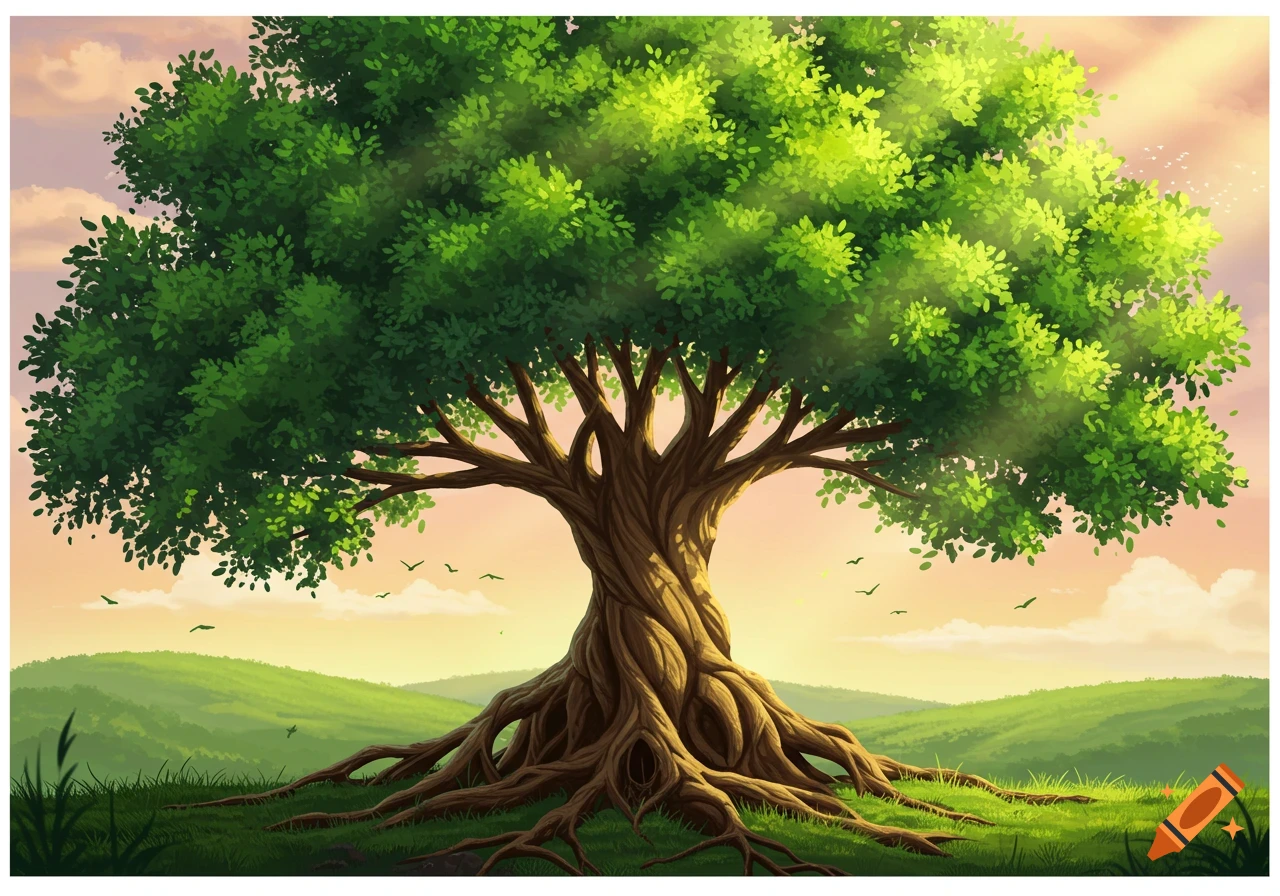 Stylized illustration of a large tree with a twisted trunk and green leaves, surrounded by hills under a warm sky.