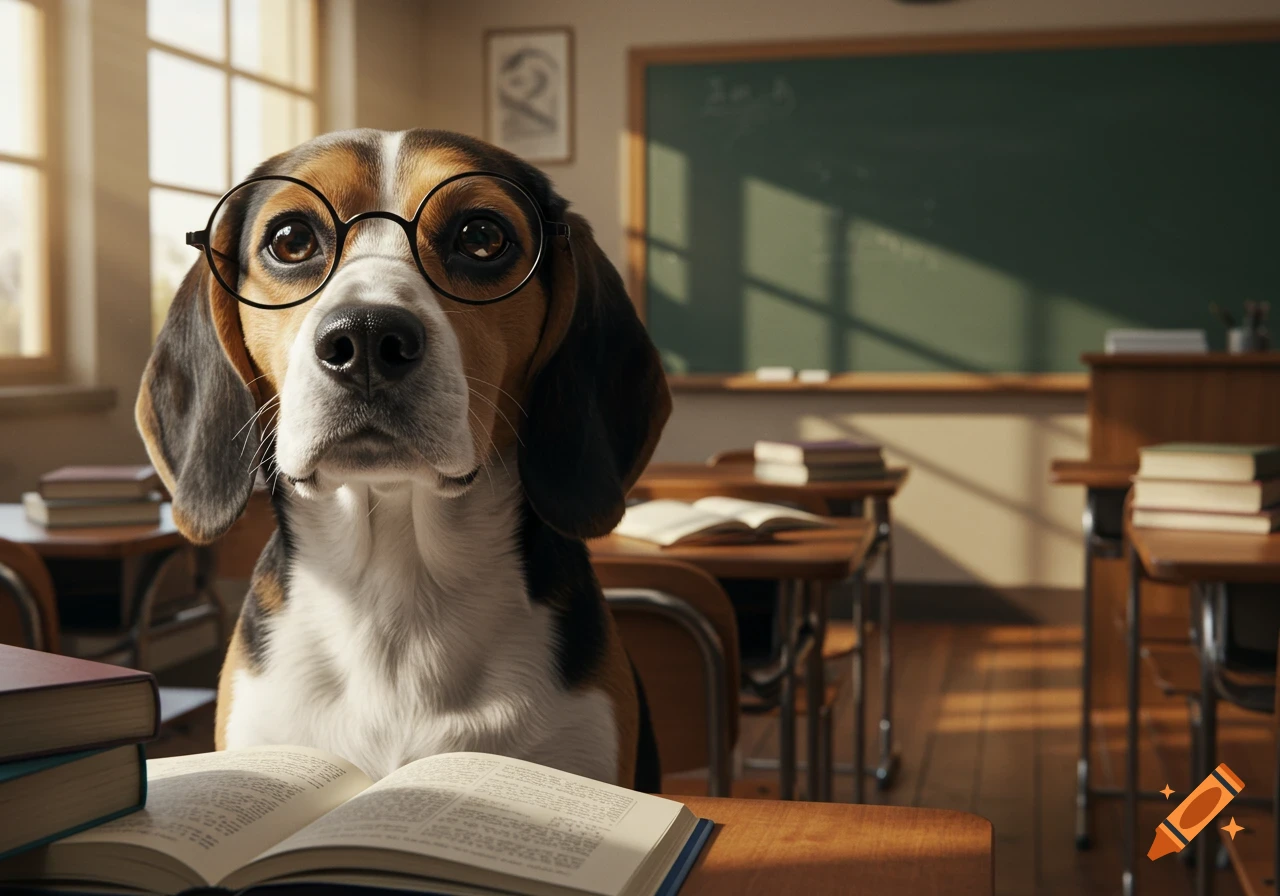 A photorealistic beagle wearing round glasses sits at a wooden desk in a sunlit classroom, with an open book in front of it.
