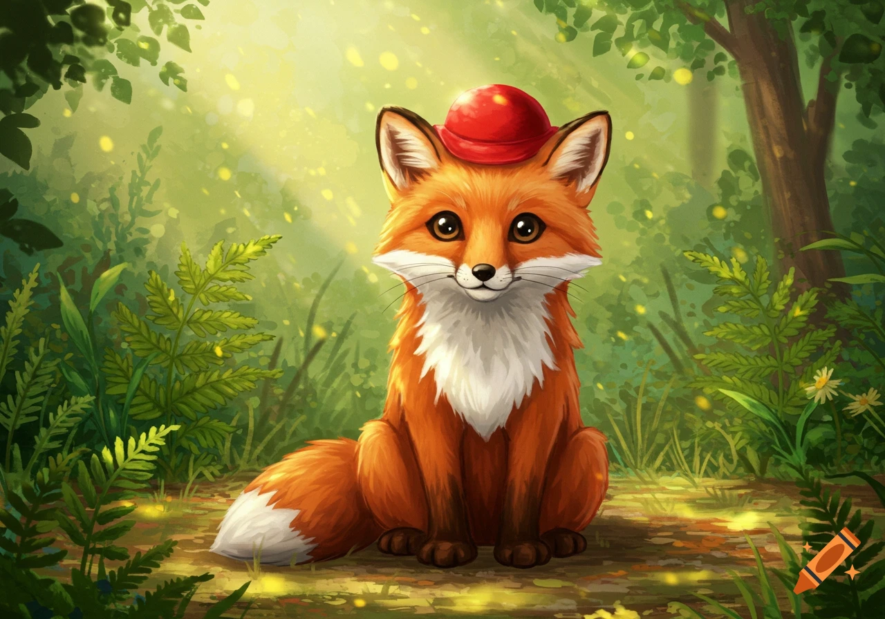 A cute, cartoon-style fox wearing a red hat sits in a sun-dappled green forest.