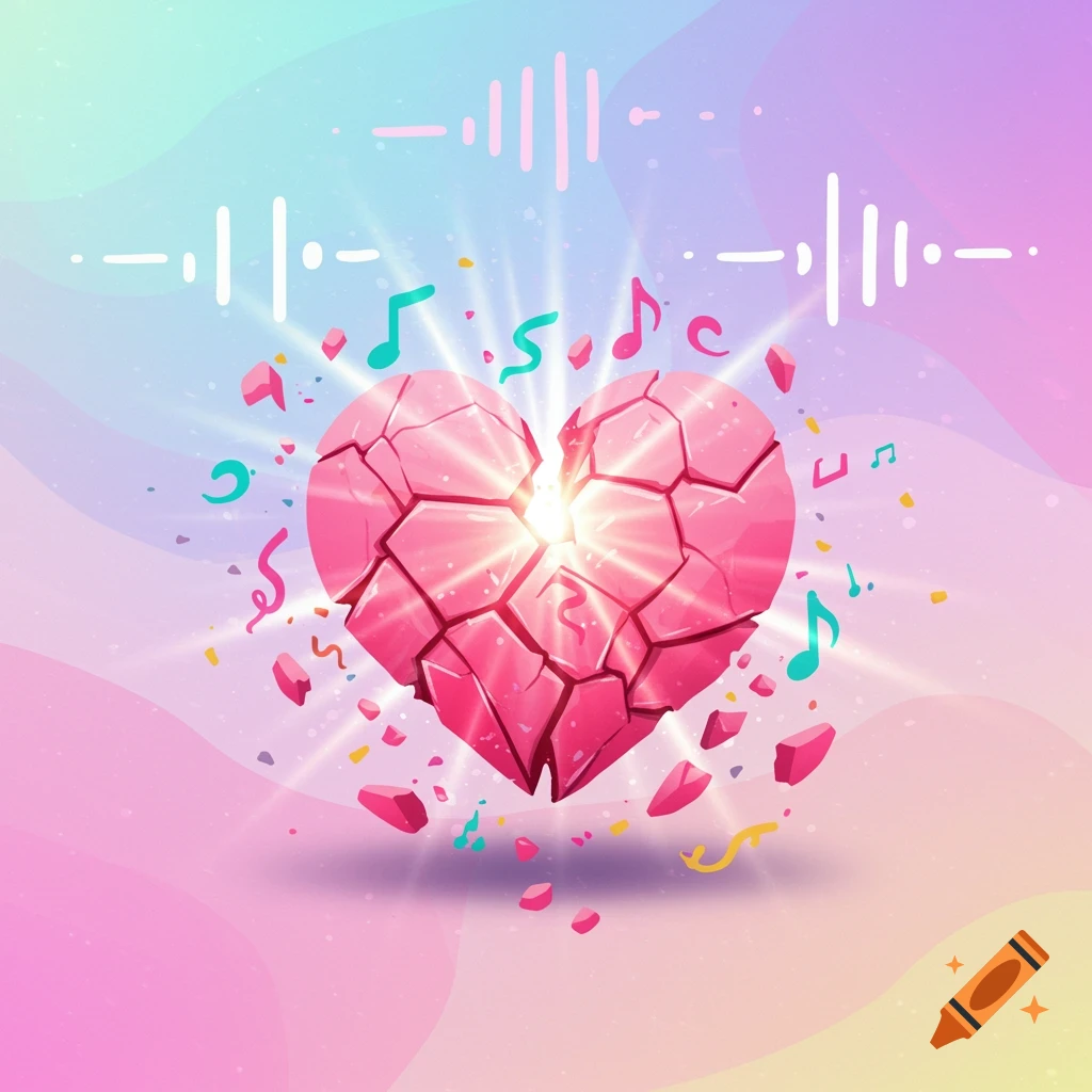 A stylized, shattered pink heart bursting with light, surrounded by colorful music notes on a pastel gradient background.