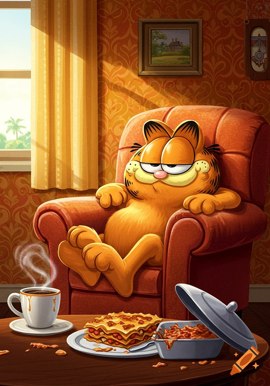 Garfield the cat relaxes in an orange armchair with a plate of lasagna and coffee on a table in a warm, illustrated living room.