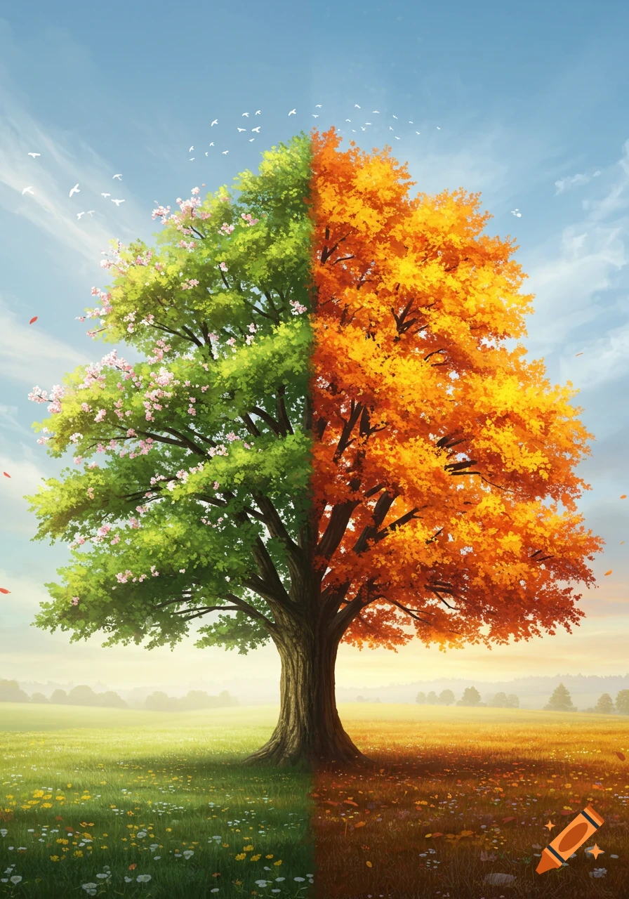 An illustration of a tree split down the middle, one side in green with pink blossoms and the other in autumn colors, in a vibrant field.