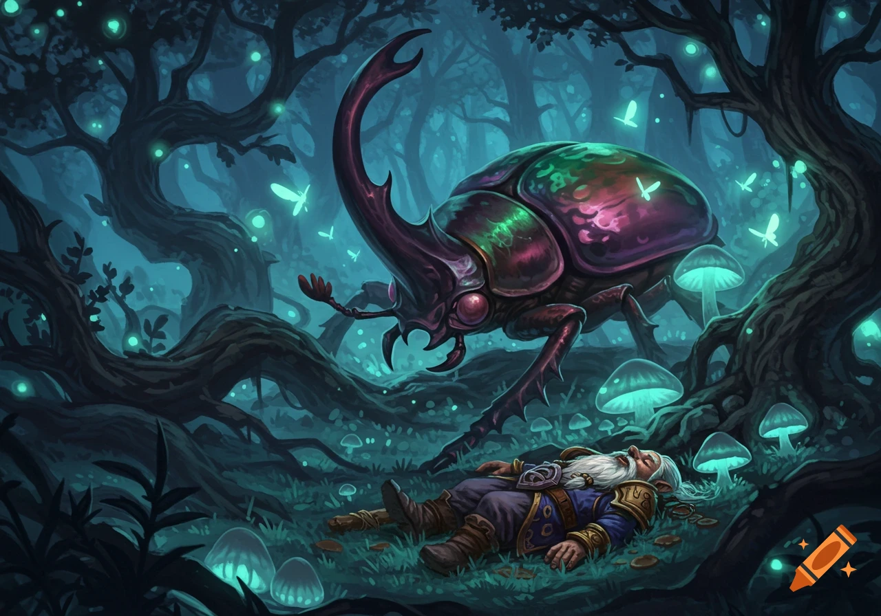 A dead gnome lies on the glowing mushroom-filled forest floor, while a giant, iridescent beetle looms over him in a mystical, dark forest setting.