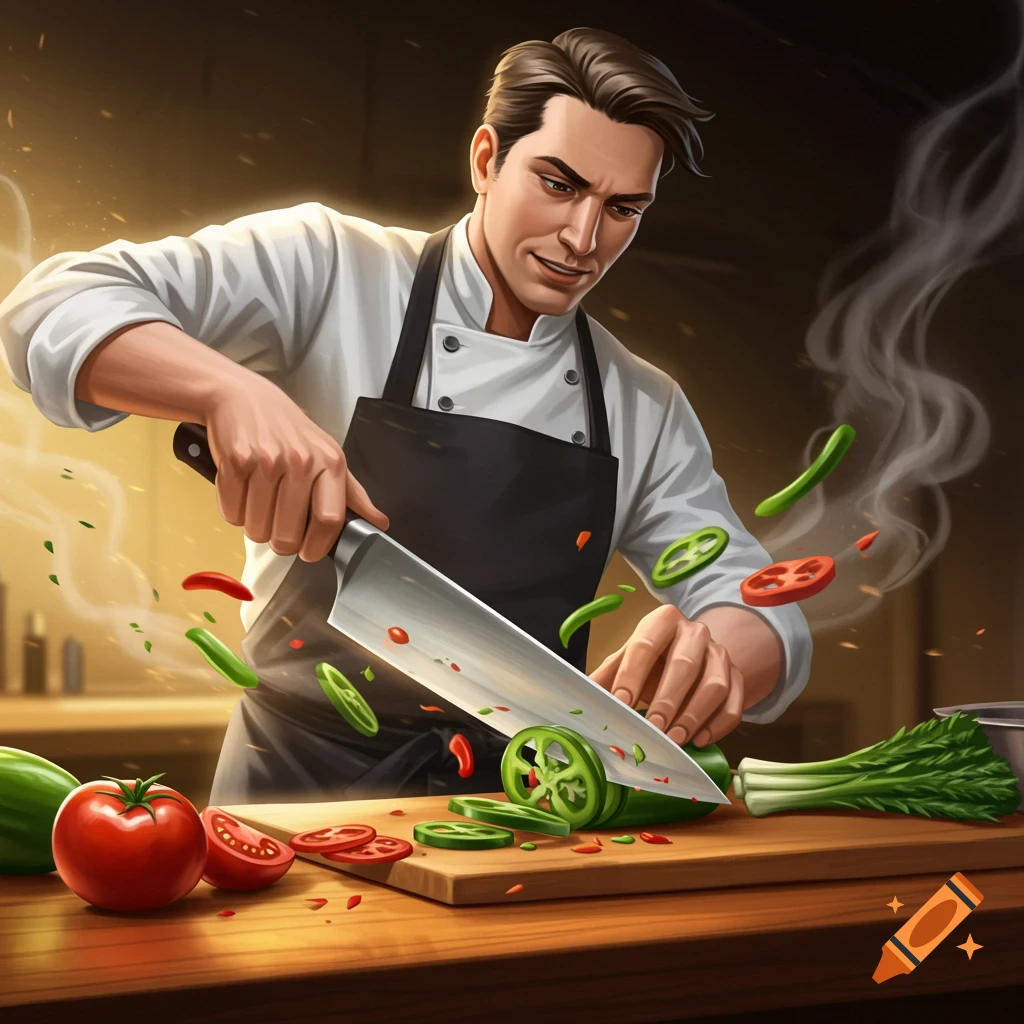 A male chef wearing a white jacket and black apron intently chops green peppers and tomatoes on a wooden cutting board in a kitchen.