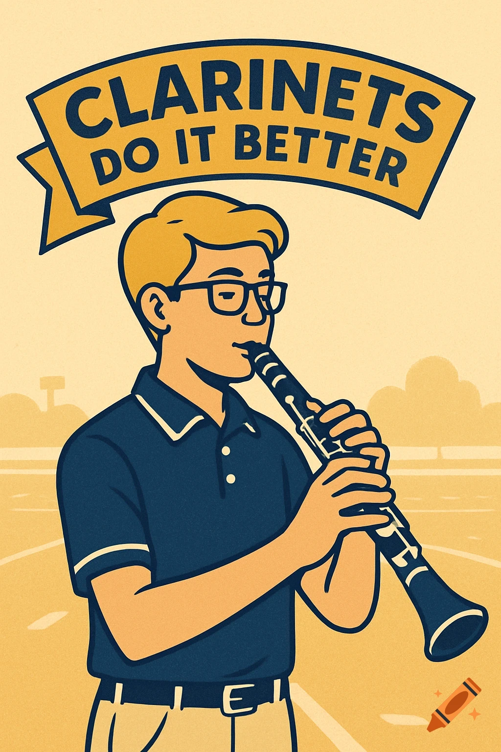 Illustration of a blonde high school boy with glasses playing a clarinet, with a banner above saying 'Clarinets Do It Better'.