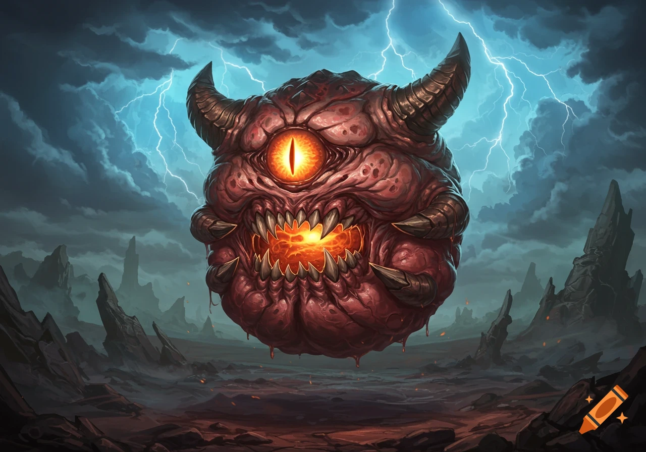 A red, spherical Cacodemon monster with one glowing eye, horns, and sharp teeth, floats in a stormy, rocky landscape with lightning.
