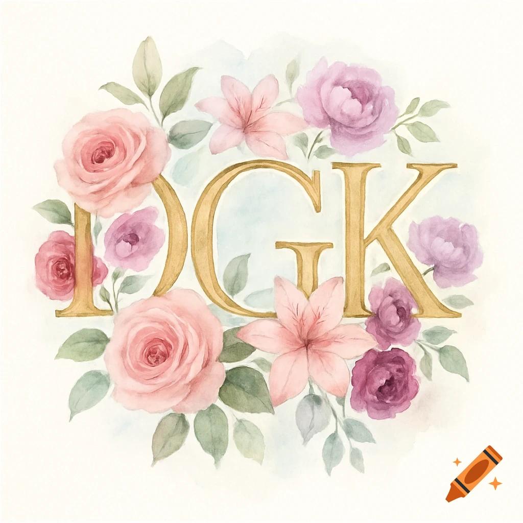 A watercolor illustration featuring the golden monogram letters "DGK" surrounded by a wreath of pink and purple roses and other delicate flowers.