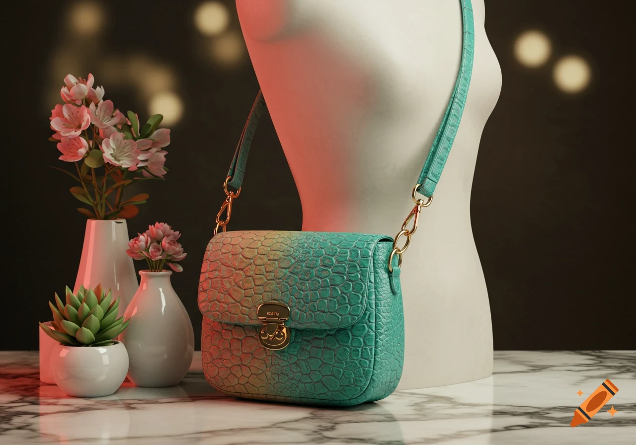 A colorful teal and yellow ombre vegan leather crossbody purse with a crocodile texture hangs on a white mannequin, next to flowers and a succulent on a marble table.