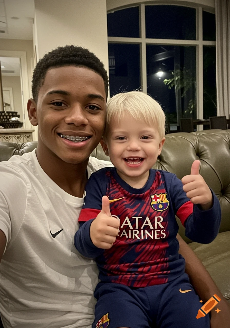 A young Black man with braces and a buzzcut sits on a couch, holding a blonde toddler in a Barcelona jersey. Both are smiling and giving thumbs up.