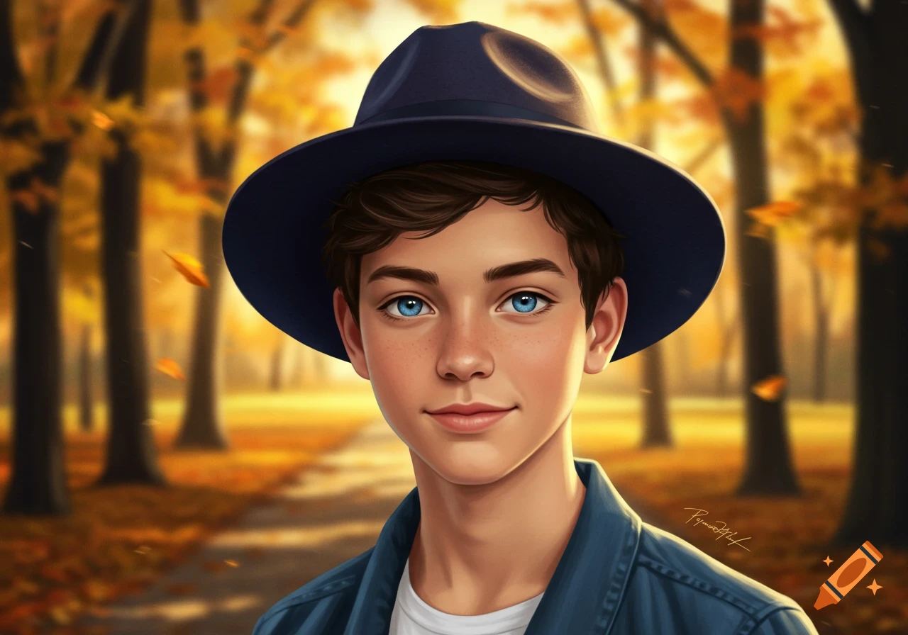 A young person with blue eyes and a hat stands in an autumn forest.