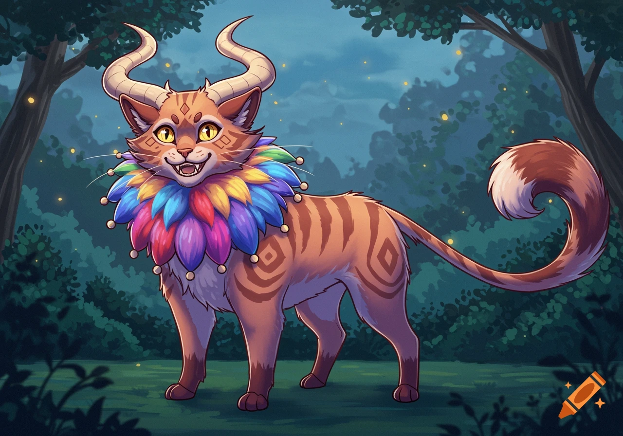 A fantasy cartoon cat-bull creature with curved horns, a colorful jester collar, and sharp teeth stands in a dark forest with fireflies.