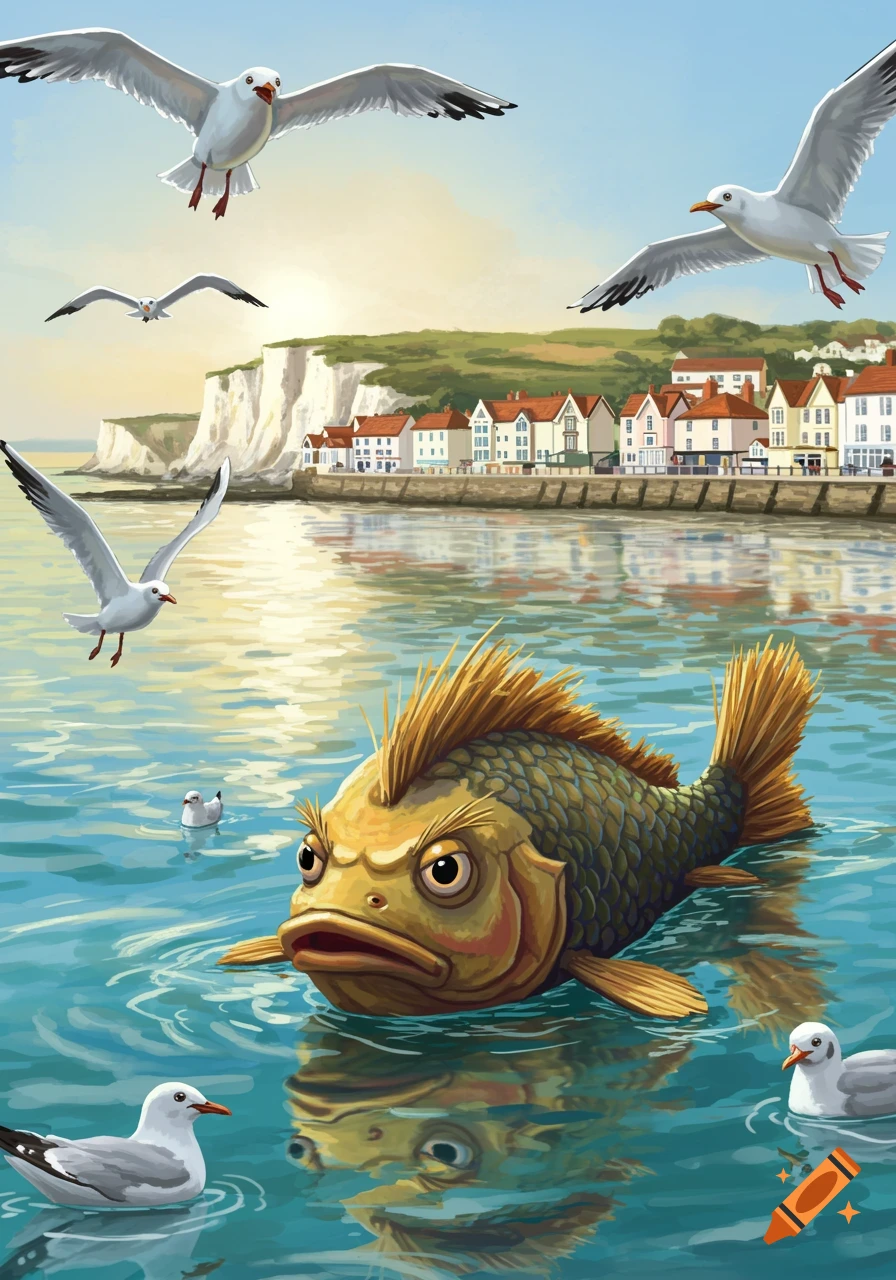 A large grumpy-looking fish surfaces in the foreground of a bright seascape, surrounded by seagulls with a coastal town and white cliffs in the background.