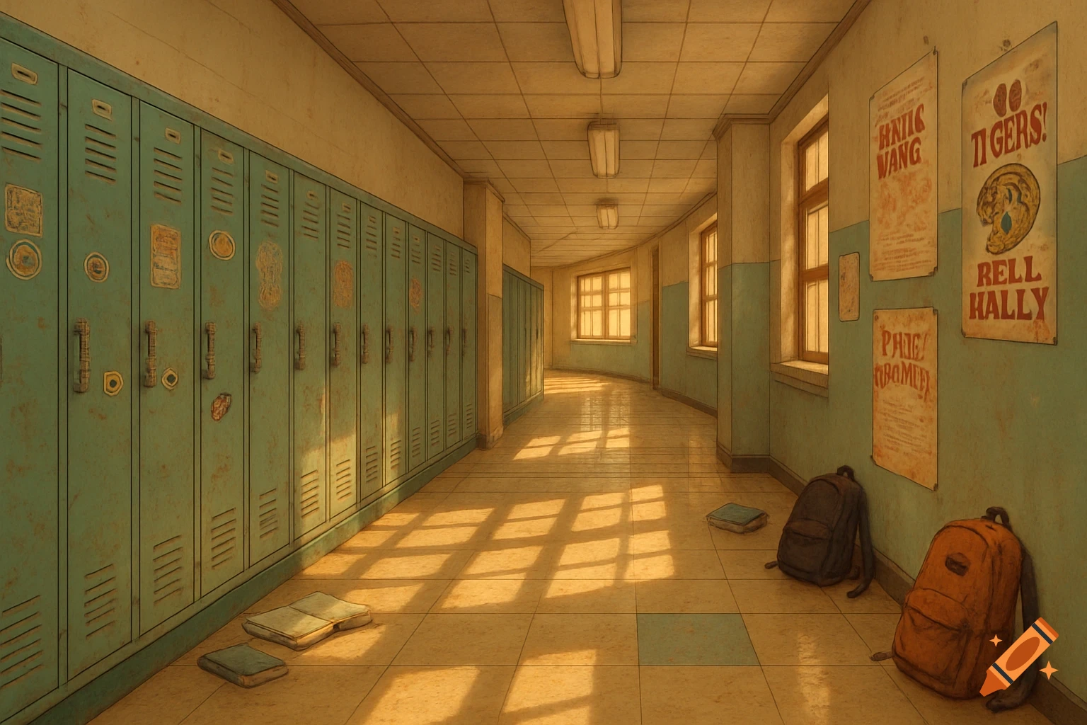 A high school hallway with faded teal lockers and posters, illuminated by sunlight through windows. Two backpacks and books are on the floor.