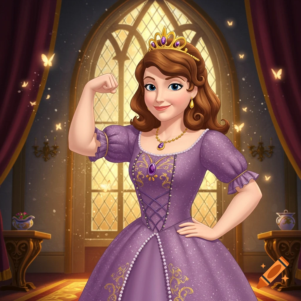 An animated young girl, Sofia the First, in a purple princess dress, flexing her bicep in a royal room with a large window.