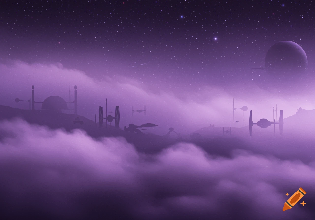 A purple space scene with Star Wars-like structures, TIE fighters, and a planet in a misty atmosphere.