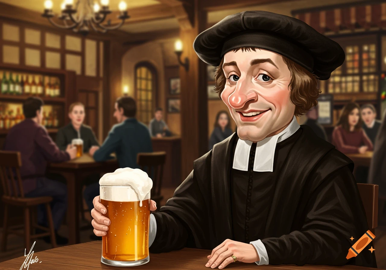 Caricature of John Calvin in a black gown and Tudor hat, smiling and holding a frothy beer in a lively pub.