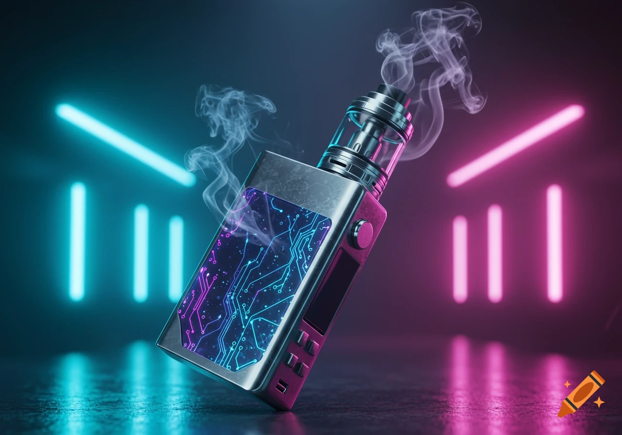 A futuristic metallic vape device with a glowing blue and pink circuit board screen and smoke, set against a dark background with neon lights.