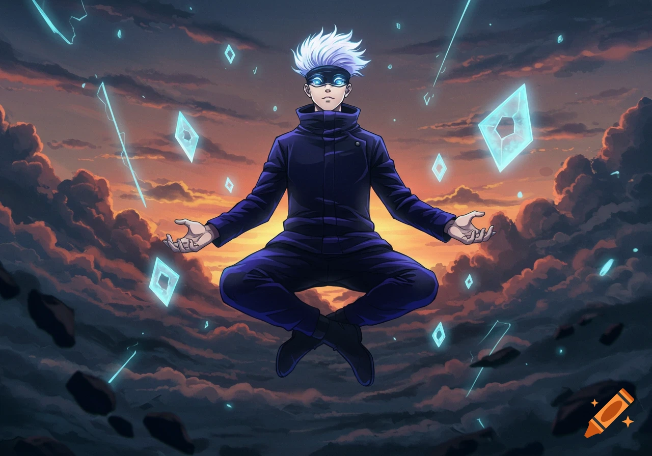Gojo from Jujutsu Kaisen floats in a cross-legged pose amidst glowing blue diamonds and energy lines, set against an orange sunset sky.