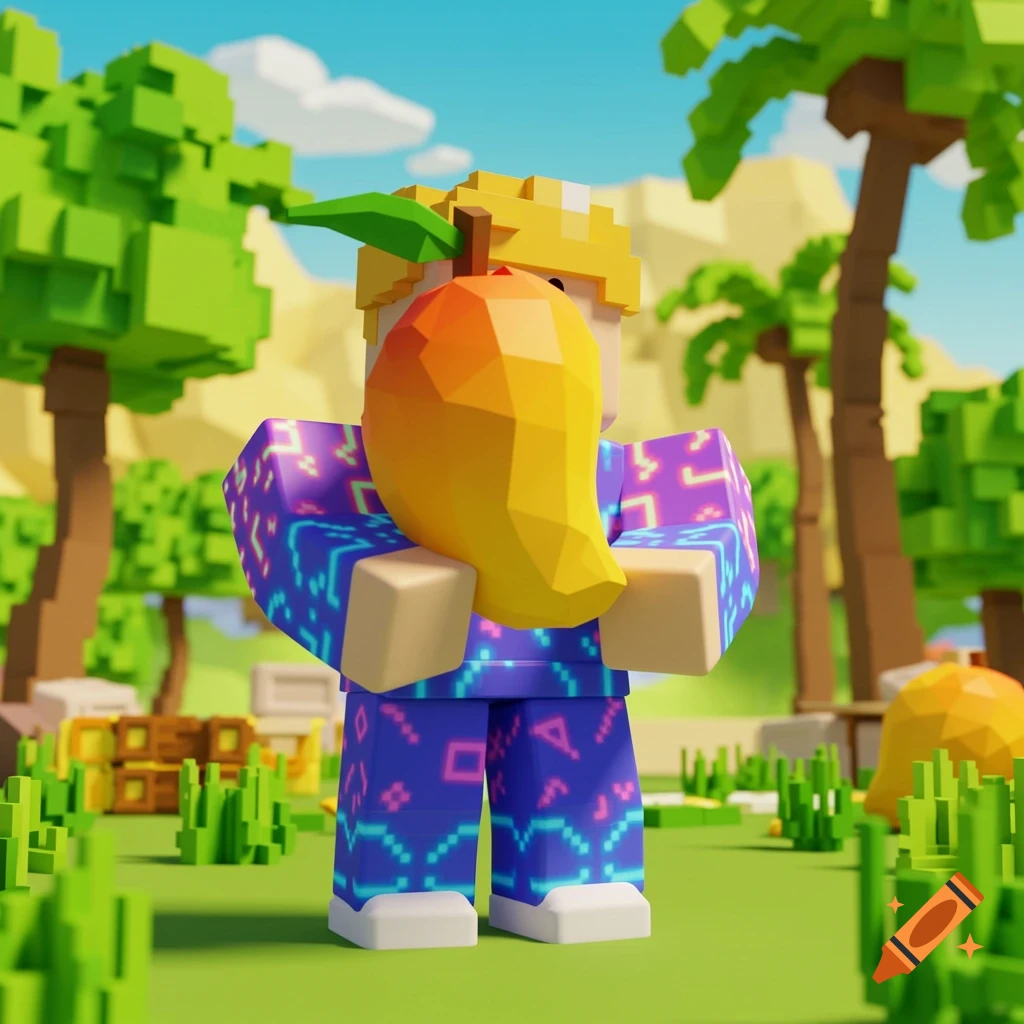 A blocky Roblox-style character in a patterned outfit holding a large mango in a tropical, blocky landscape.