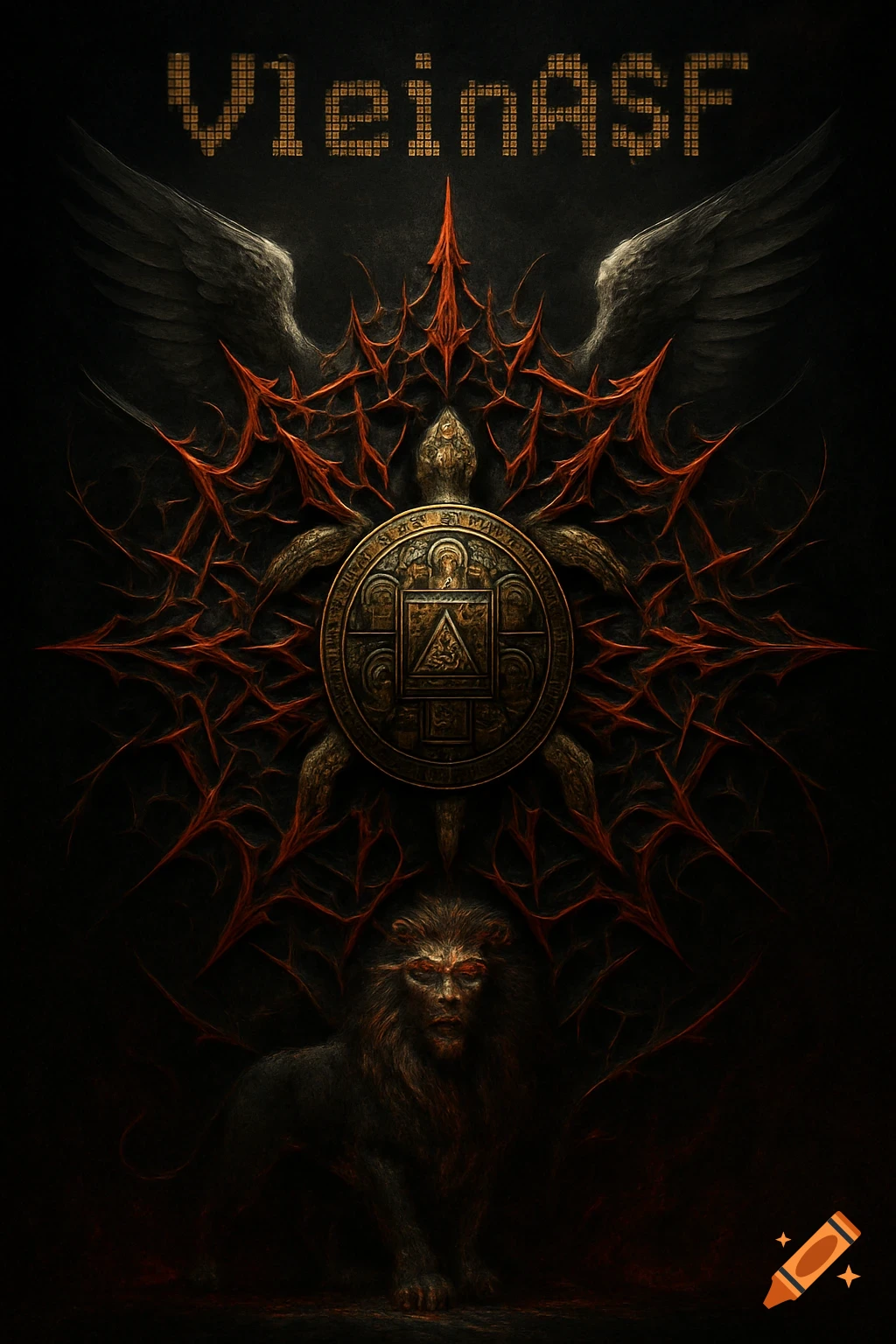 Dark mystical art with a central bronze mandala, red thorny spikes, angel wings, a lion with glowing eyes, and pixelated text 'VleinASF'.