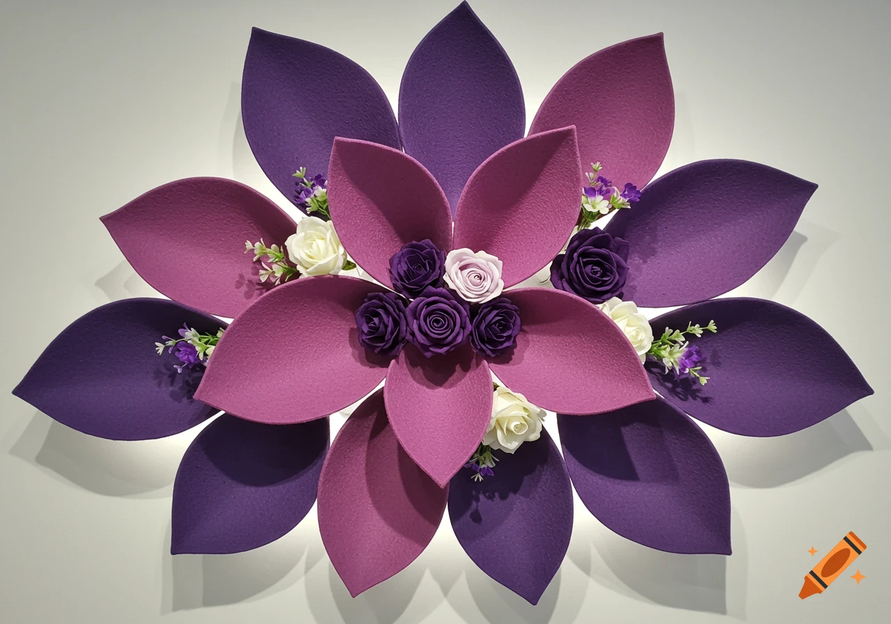 A large wall art installation resembling a flower with purple and magenta felt petals and faux purple and white roses.