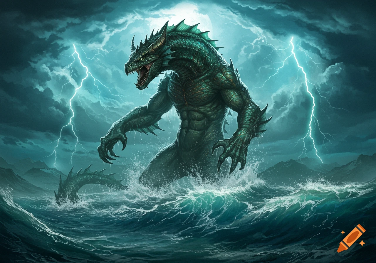 A large, green, scaly sea monster with glowing eyes emerges from stormy, teal waves under a dark sky with bright lightning bolts.