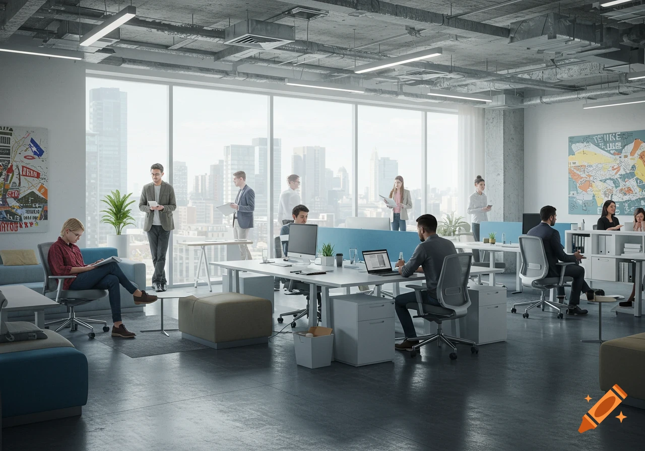 A photorealistic image of a modern open-plan office with people working, featuring large windows overlooking a city skyline.