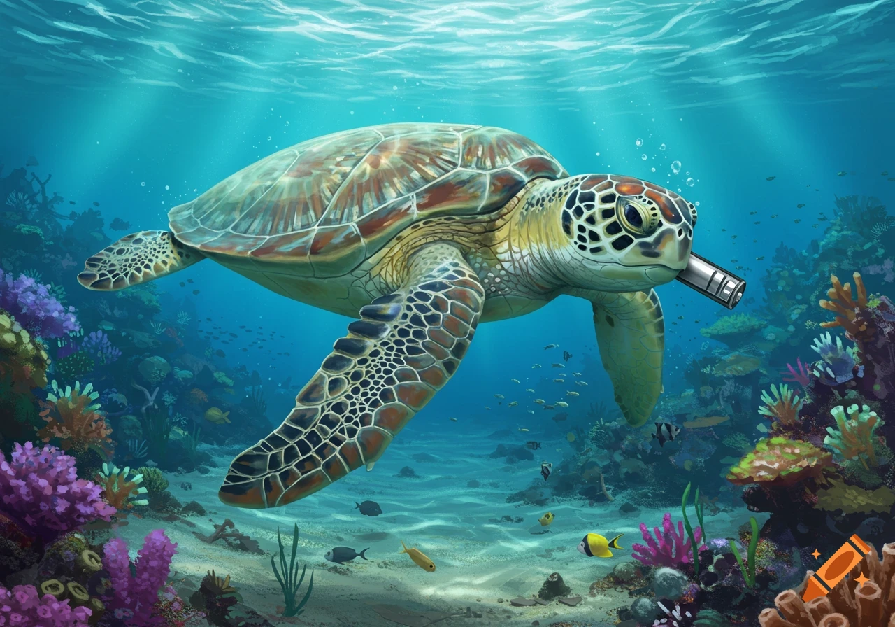 A sea turtle swims underwater among colorful coral, with a metal battery lodged in its nose.