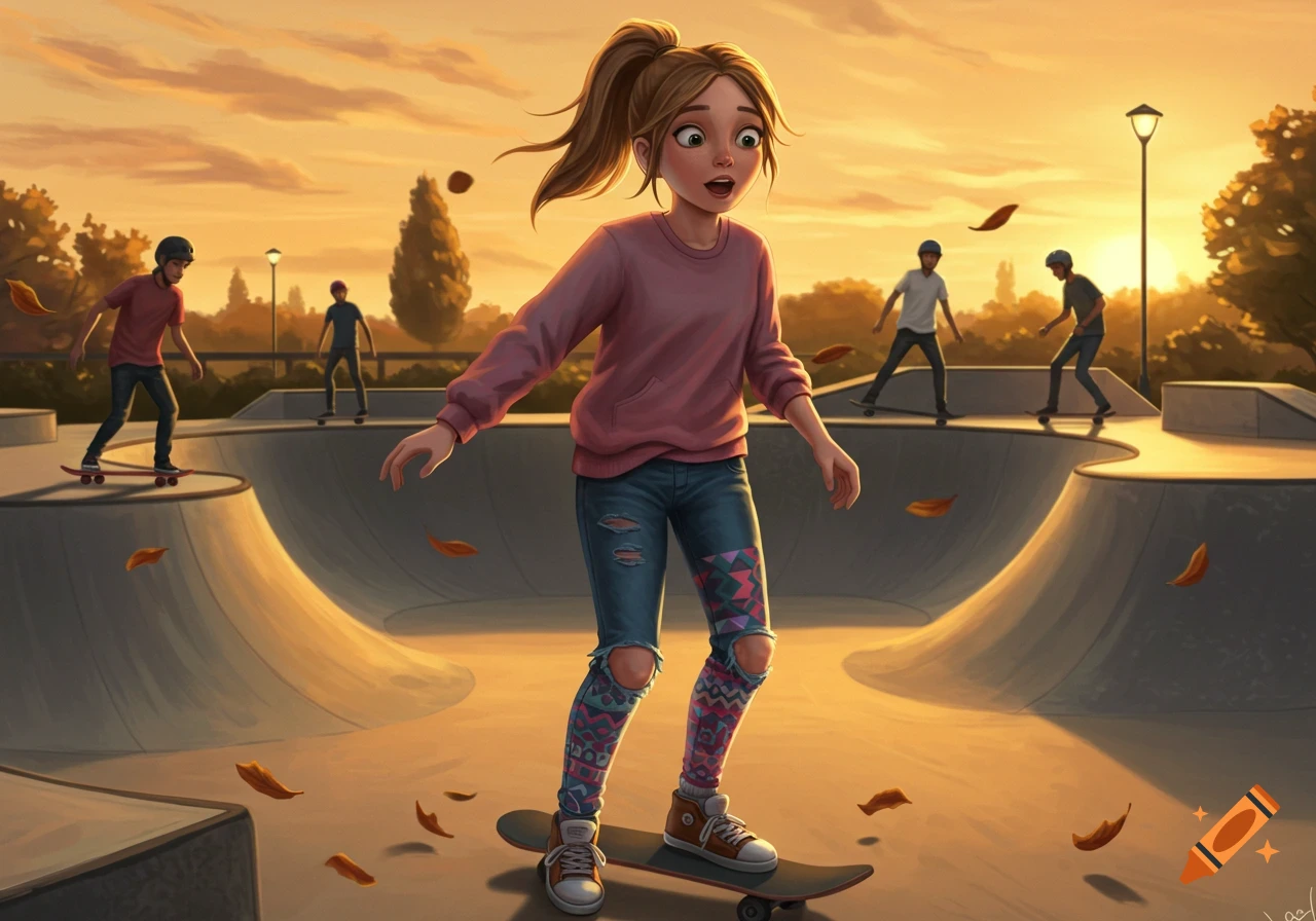 An illustrated scene of a young girl with ripped jeans on a skateboard at a skate park during sunset, with other skaters in the background.