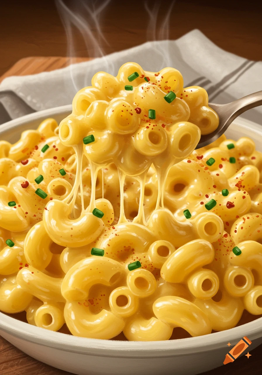A close-up illustration of steaming mac and cheese, with a spoon pulling cheesy noodles from the bowl, garnished with chives.