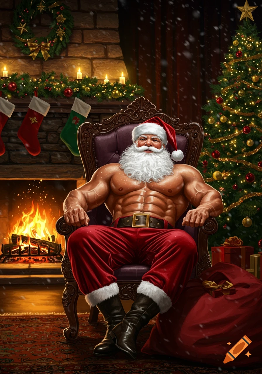 A muscular Santa Claus with a bare chest and six-pack abs sits on a purple armchair by a fireplace with stockings, a decorated Christmas tree, and presents.