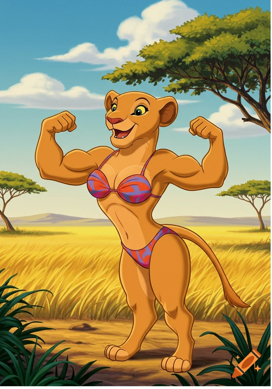Nala from The Lion King, a muscular lioness, poses playfully in a colorful bikini, flexing her biceps in a 2D Disney animation style in a savanna.