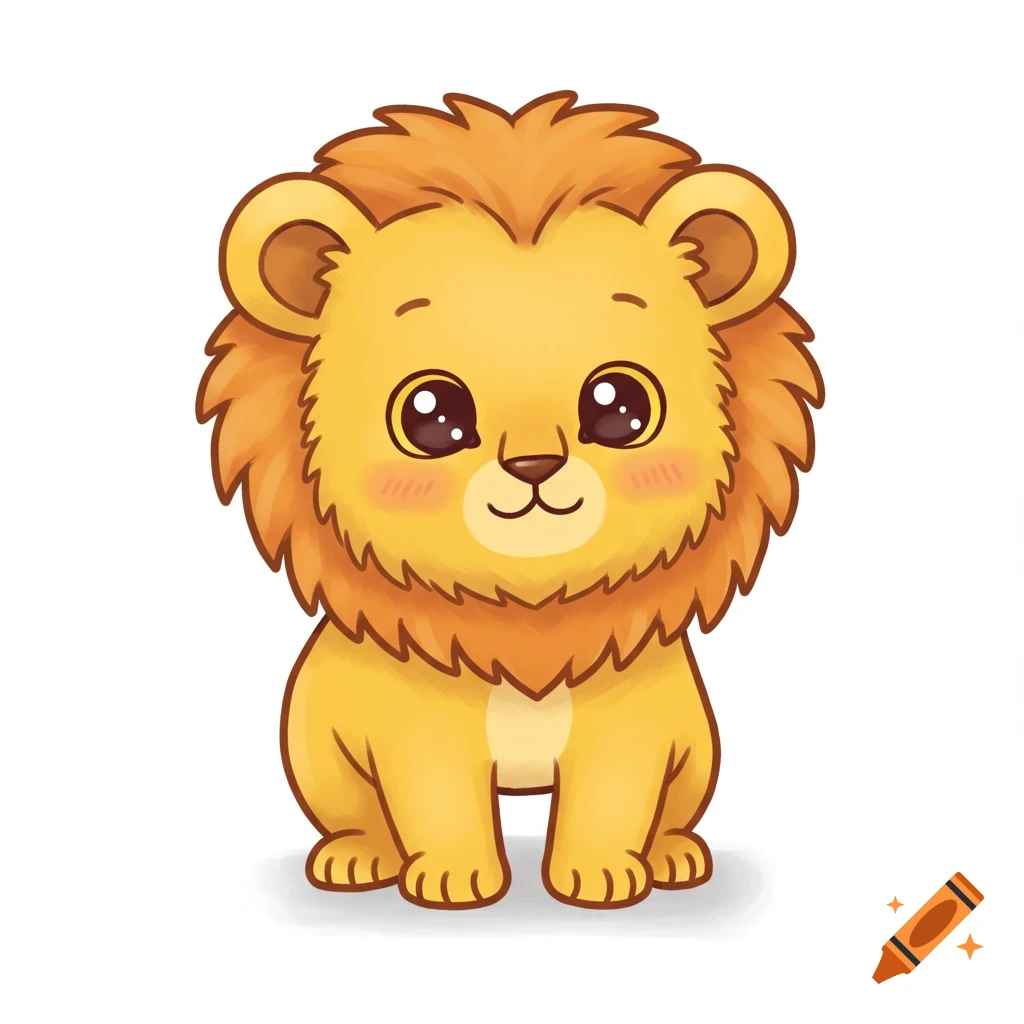 A cute, front-facing cartoon lion cub with bright yellow and orange fur, big eyes, and chubby cheeks on a white background.