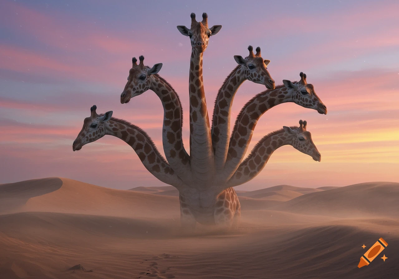 A mythical five-headed giraffe-like creature stands in a desert under a colorful sunrise sky.