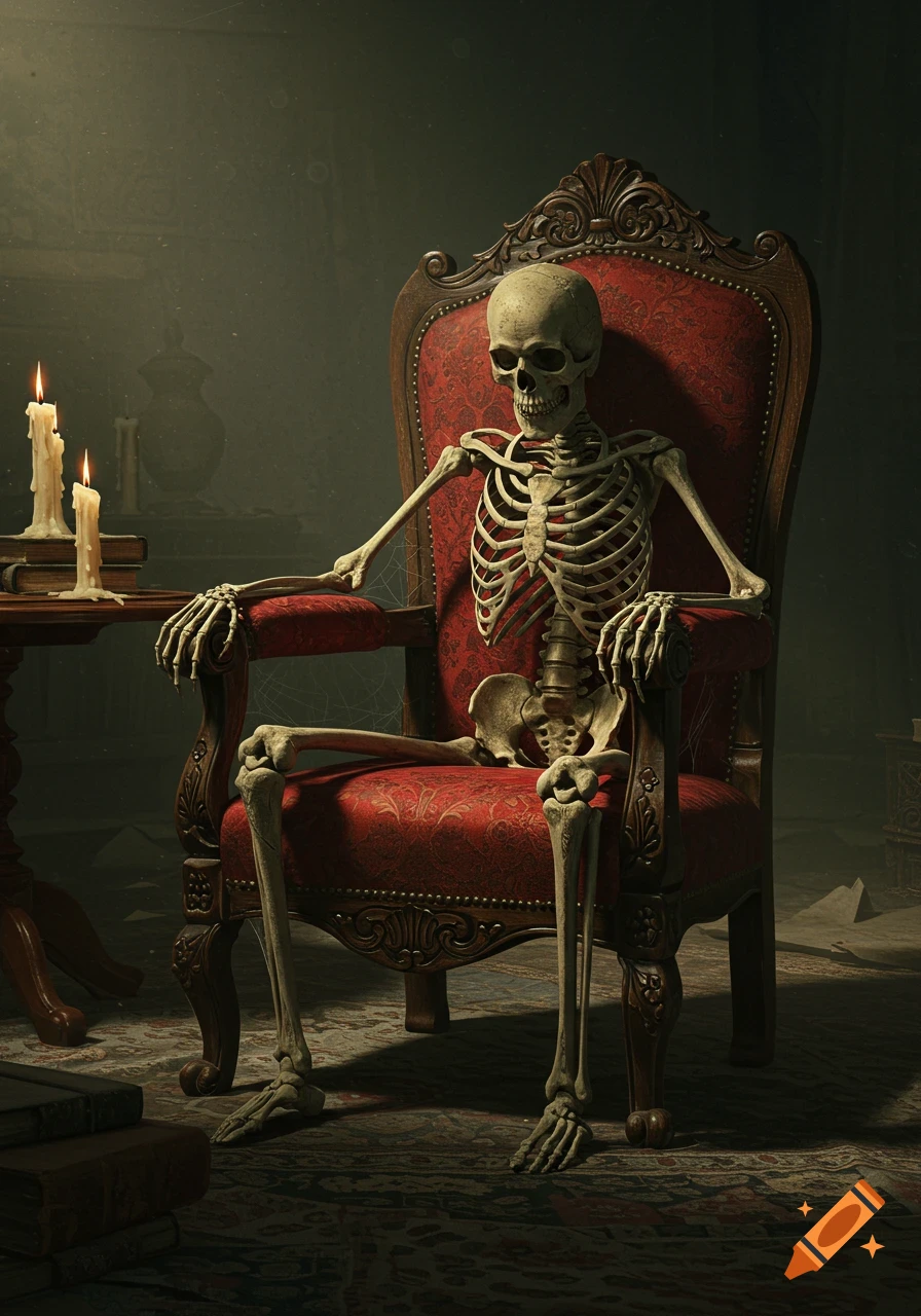 A skeleton sits upright in a grand, ornate red velvet armchair within a dimly lit, antique room, with candles burning on a nearby table.