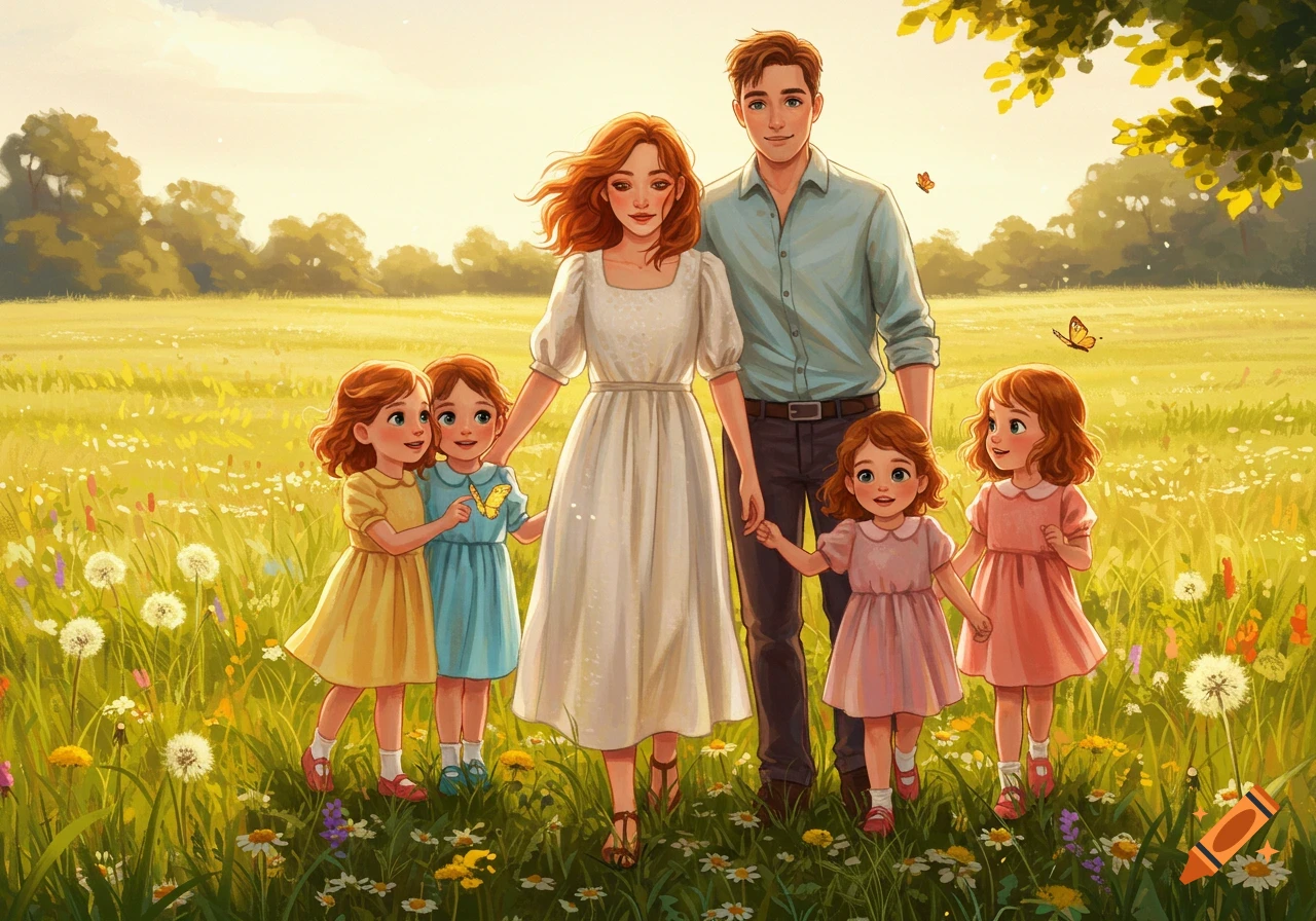 A colorful illustration of a family of six, including a mother, father, and four young children, standing in a sunny meadow filled with wildflowers.