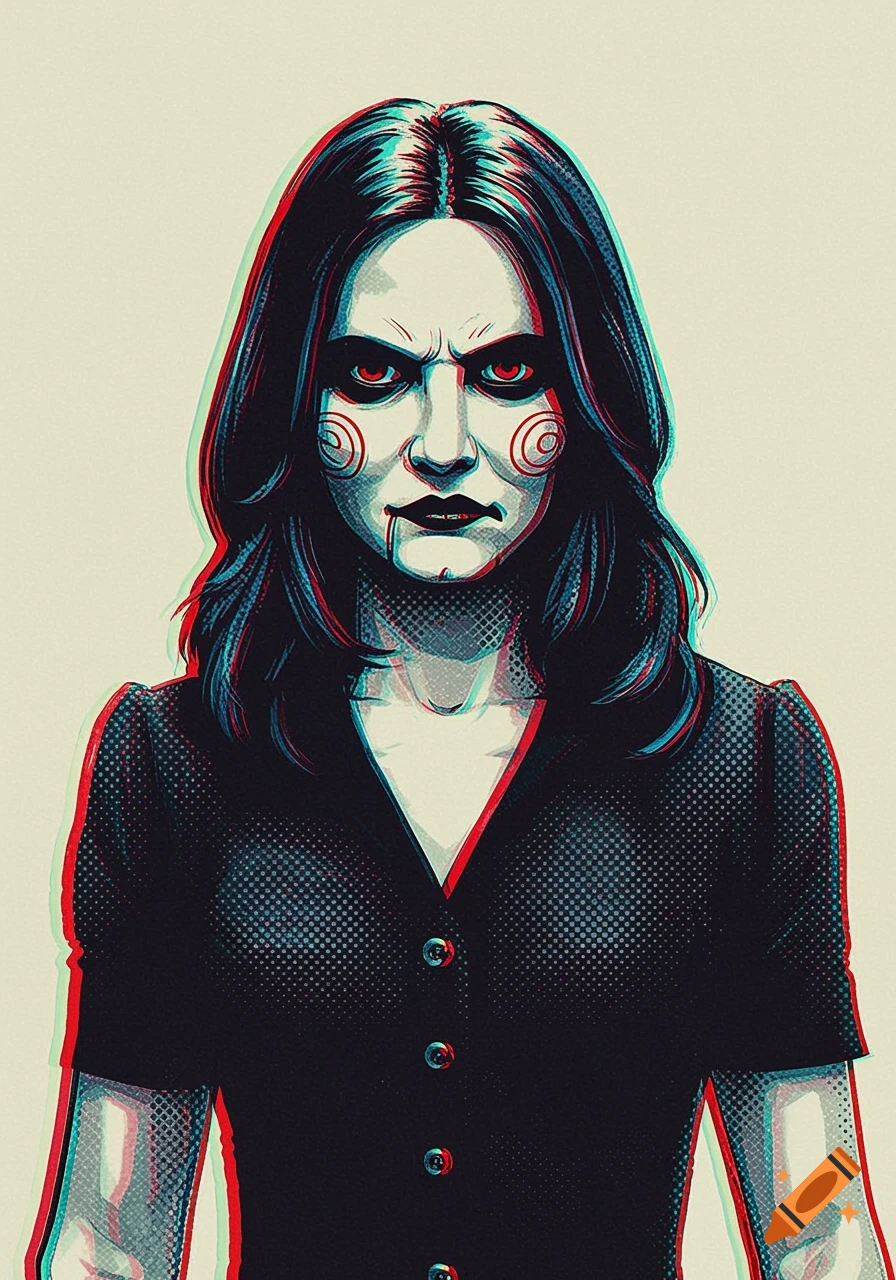 Digital drawing of Amanda Young from Saw with a menacing expression, red eyes, spiral makeup, and blood from her mouth, with a halftone and red/blue chromatic aberration effect.