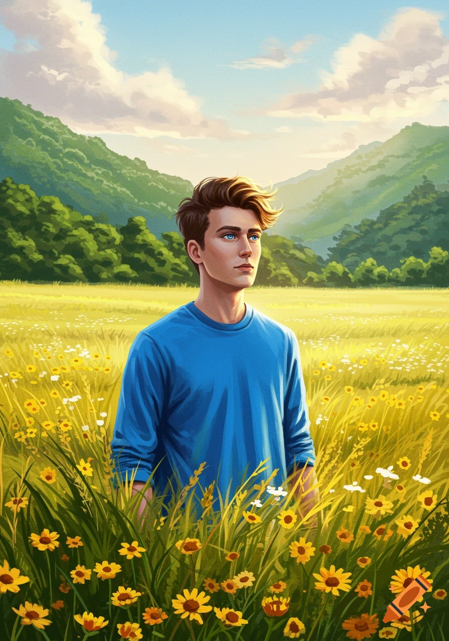An illustrated young man with blue eyes and brown hair stands in a sunny field of yellow and white wildflowers, with green mountains under a blue sky.